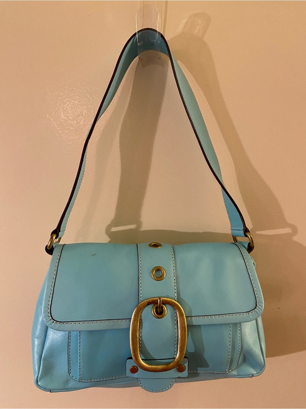 Banana Republic Light Blue Leather Shoulder Bag with Gold Buckle